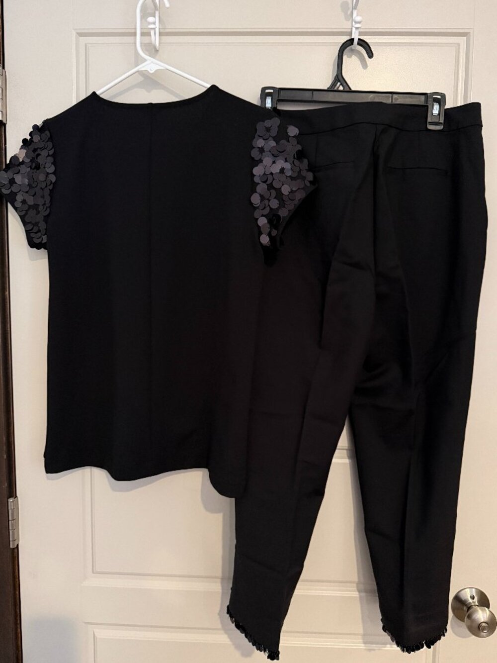 Ann Taylor Sequin Sleeve Top & Chico's Sequin Hem Pants Set Black Petites